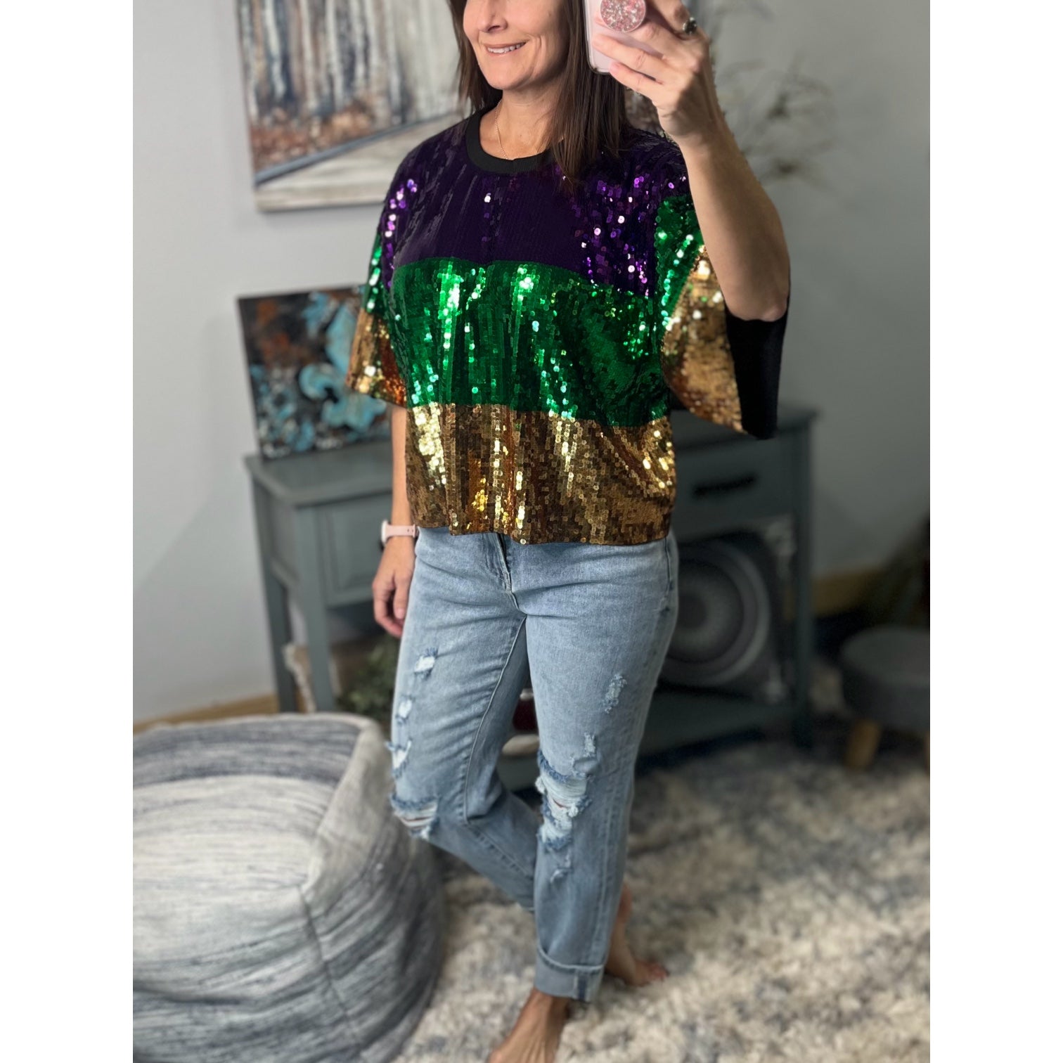 “Sidewalk Side” Mardi Gras Sequined Color Block Short Sleeves Cropped Parade Purple Green Gold