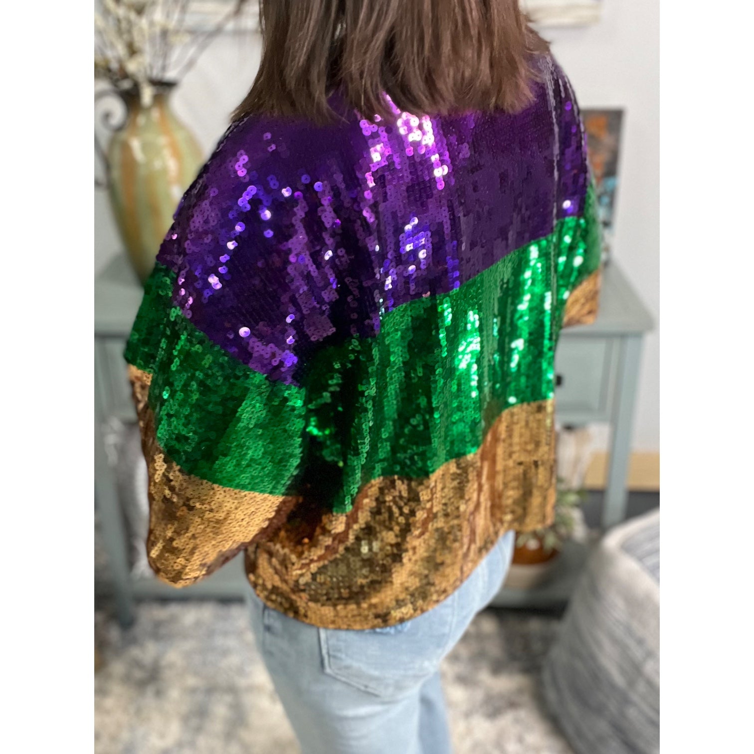 “Sidewalk Side” Mardi Gras Sequined Color Block Short Sleeves Cropped Parade Purple Green Gold
