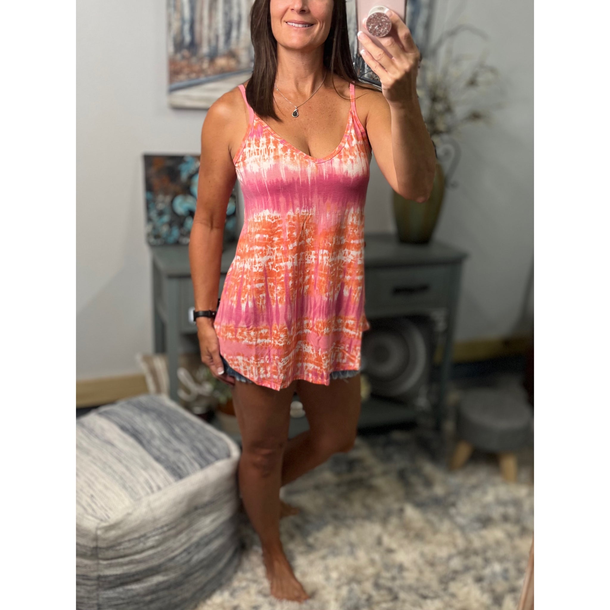 “Heat Wave” Reversible Tie Dye Low Scoop Or V Neck Tank Shirt Top Coral Pink PLUS