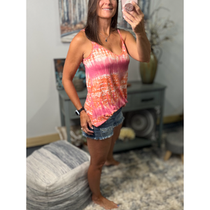 “Heat Wave” Reversible Tie Dye Low Scoop Or V Neck Tank Shirt Top Coral Pink PLUS