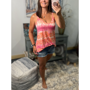 “Heat Wave” Reversible Tie Dye Low Scoop Or V Neck Tank Shirt Top Coral Pink PLUS