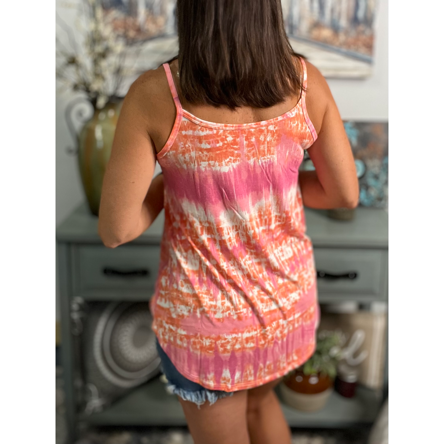 “Heat Wave” Reversible Tie Dye Low Scoop Or V Neck Tank Shirt Top Coral Pink PLUS