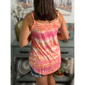“Heat Wave” Reversible Tie Dye Low Scoop Or V Neck Tank Shirt Top Coral Pink