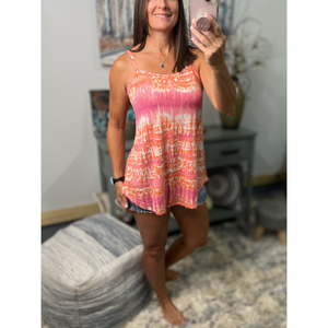 “Heat Wave” Reversible Tie Dye Low Scoop Or V Neck Tank Shirt Top Coral Pink PLUS