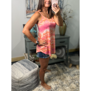 “Heat Wave” Reversible Tie Dye Low Scoop Or V Neck Tank Shirt Top Coral Pink PLUS