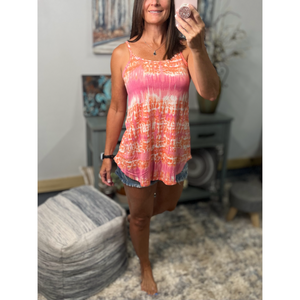 “Heat Wave” Reversible Tie Dye Low Scoop Or V Neck Tank Shirt Top Coral Pink PLUS