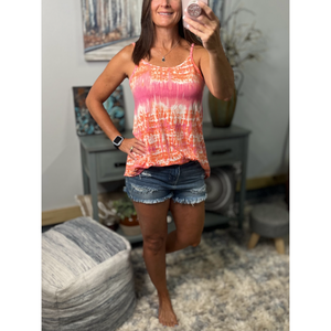 “Heat Wave” Reversible Tie Dye Low Scoop Or V Neck Tank Shirt Top Coral Pink PLUS