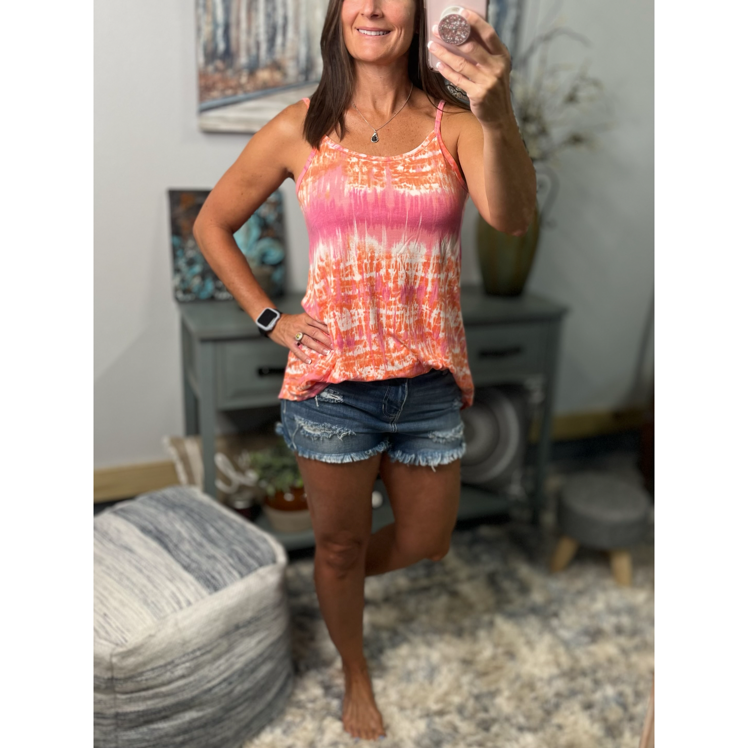 “Heat Wave” Reversible Tie Dye Low Scoop Or V Neck Tank Shirt Top Coral Pink PLUS