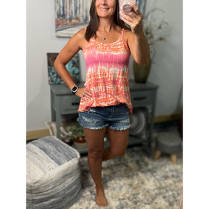 “Heat Wave” Reversible Tie Dye Low Scoop Or V Neck Tank Shirt Top Coral Pink PLUS