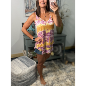“Heat Wave” Reversible Tie Dye Low Scoop Or V Neck Tank Shirt Top Purple Yellow LSU