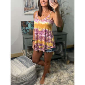 “Heat Wave” Reversible Tie Dye Low Scoop Or V Neck Tank Shirt Top Purple Yellow LSU