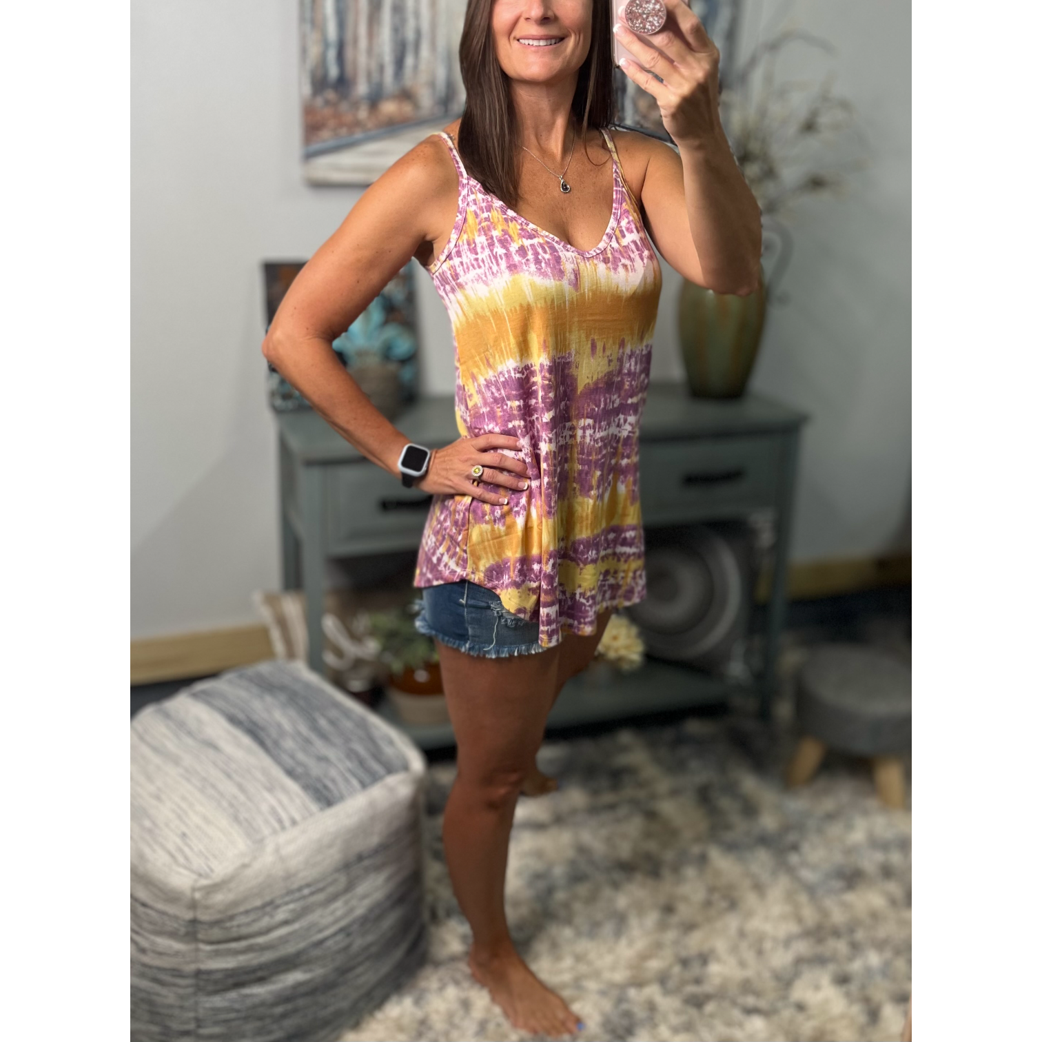 “Heat Wave” Reversible Tie Dye Low Scoop Or V Neck Tank Shirt Top Purple Yellow LSU