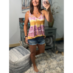 “Heat Wave” Reversible Tie Dye Low Scoop Or V Neck Tank Shirt Top Purple Yellow LSU