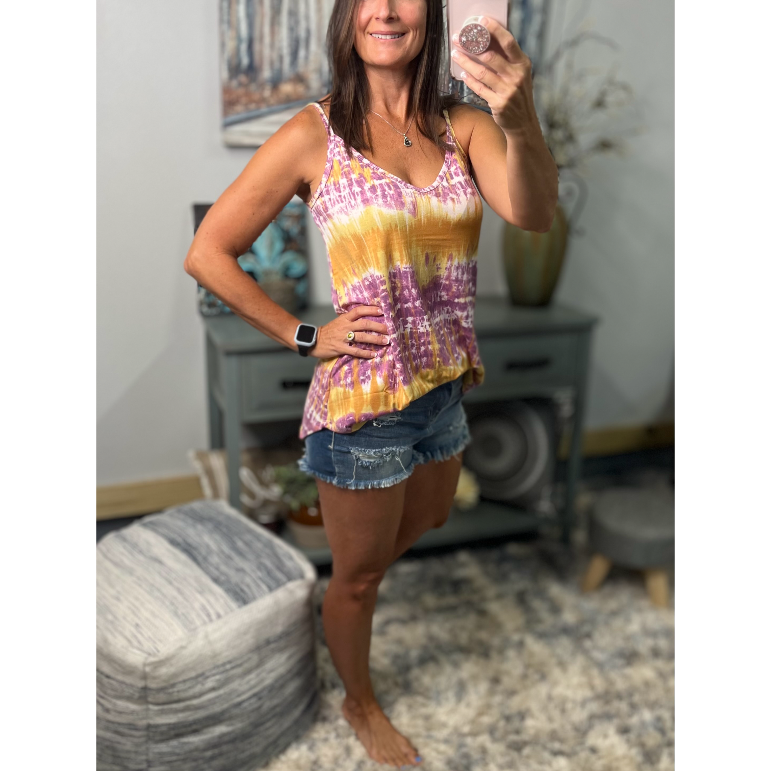 “Heat Wave” Reversible Tie Dye Low Scoop Or V Neck Tank Shirt Top Purple Yellow LSU