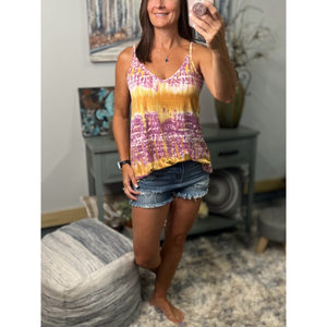 “Heat Wave” Reversible Tie Dye Low Scoop Or V Neck Tank Shirt Top Purple Yellow LSU
