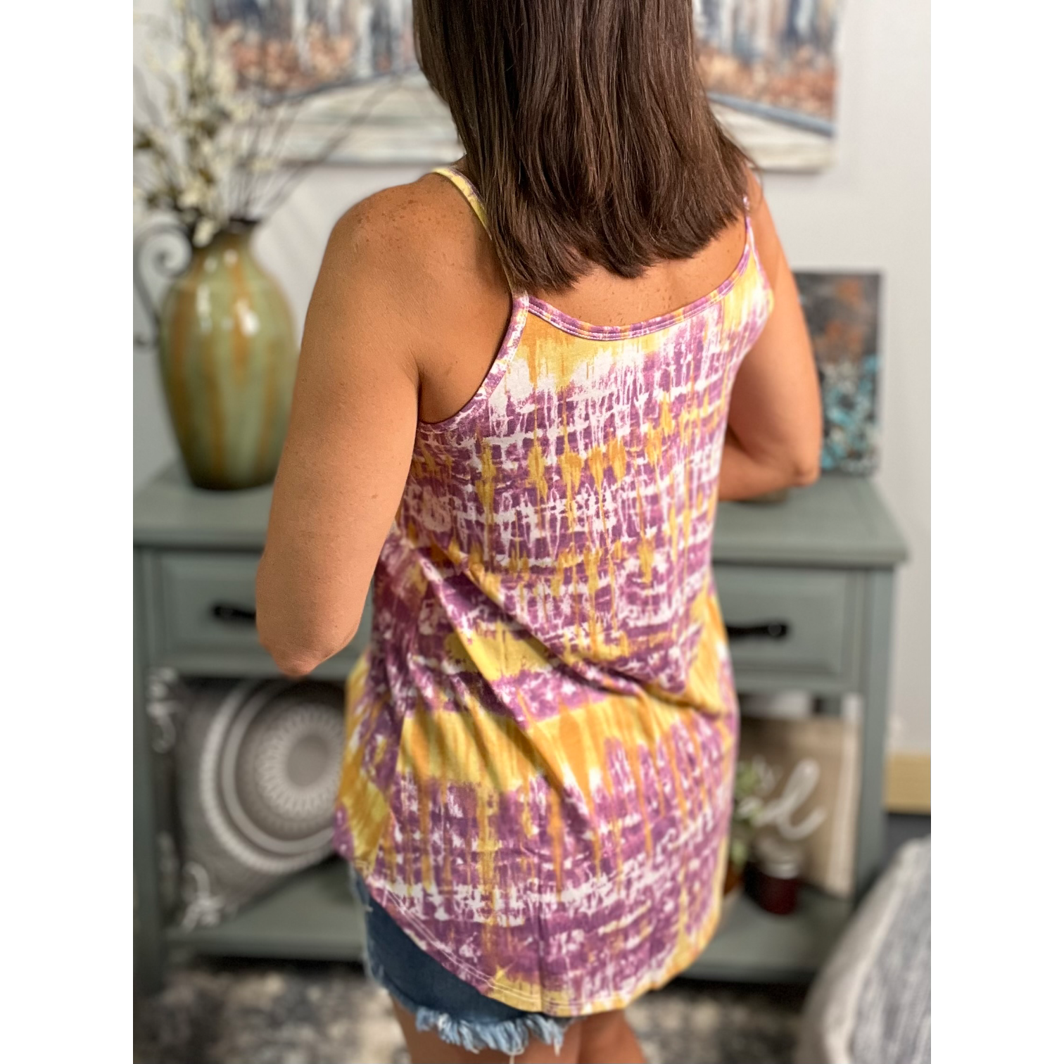 “Heat Wave” Reversible Tie Dye Low Scoop Or V Neck Tank Shirt Top Purple Yellow LSU