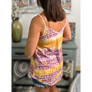 “Heat Wave” Reversible Tie Dye Low Scoop Or V Neck Tank Shirt Top Purple Yellow LSU