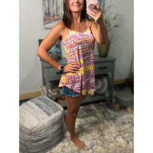 “Heat Wave” Reversible Tie Dye Low Scoop Or V Neck Tank Shirt Top Purple Yellow LSU