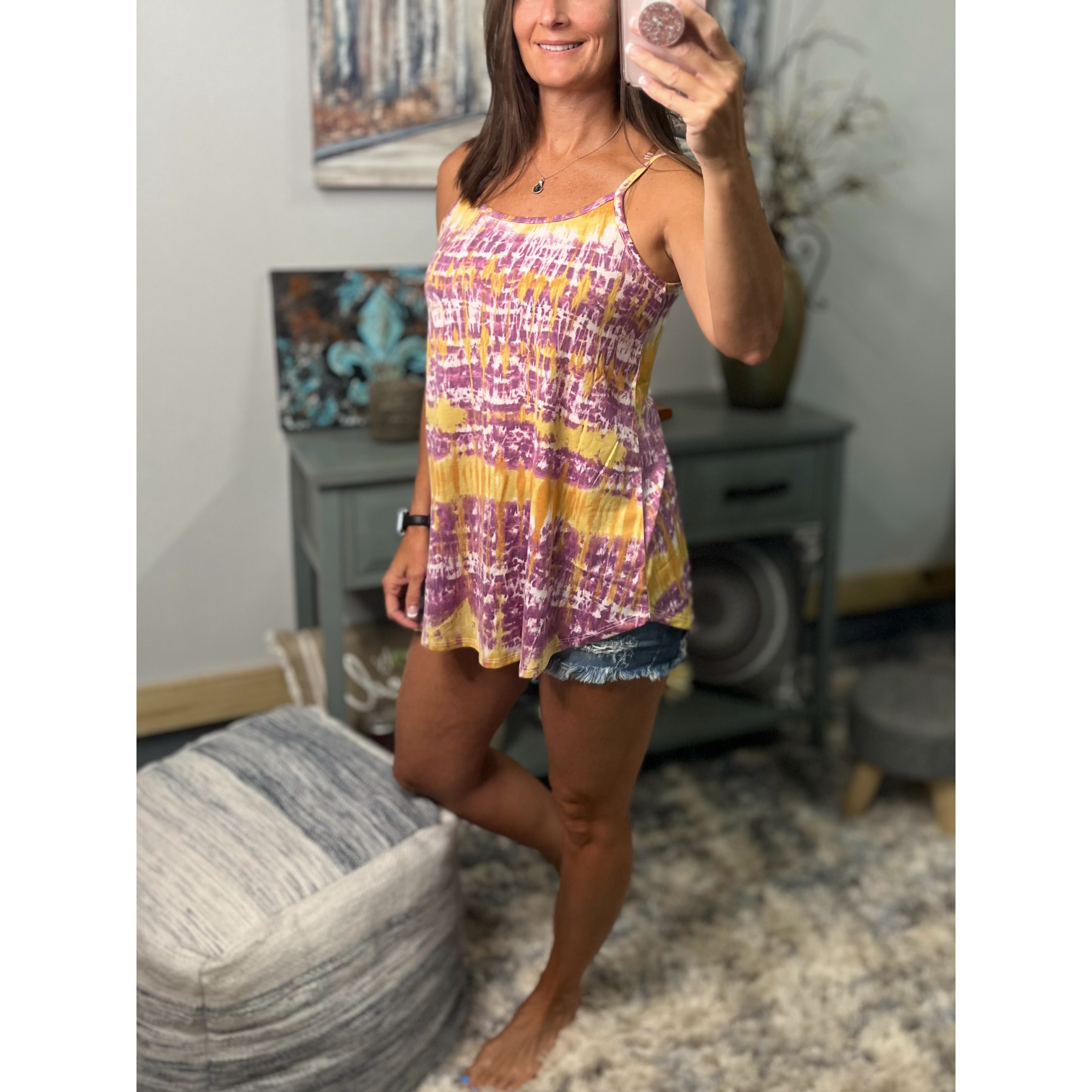 “Heat Wave” Reversible Tie Dye Low Scoop Or V Neck Tank Shirt Top Purple Yellow LSU