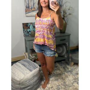 “Heat Wave” Reversible Tie Dye Low Scoop Or V Neck Tank Shirt Top Purple Yellow LSU