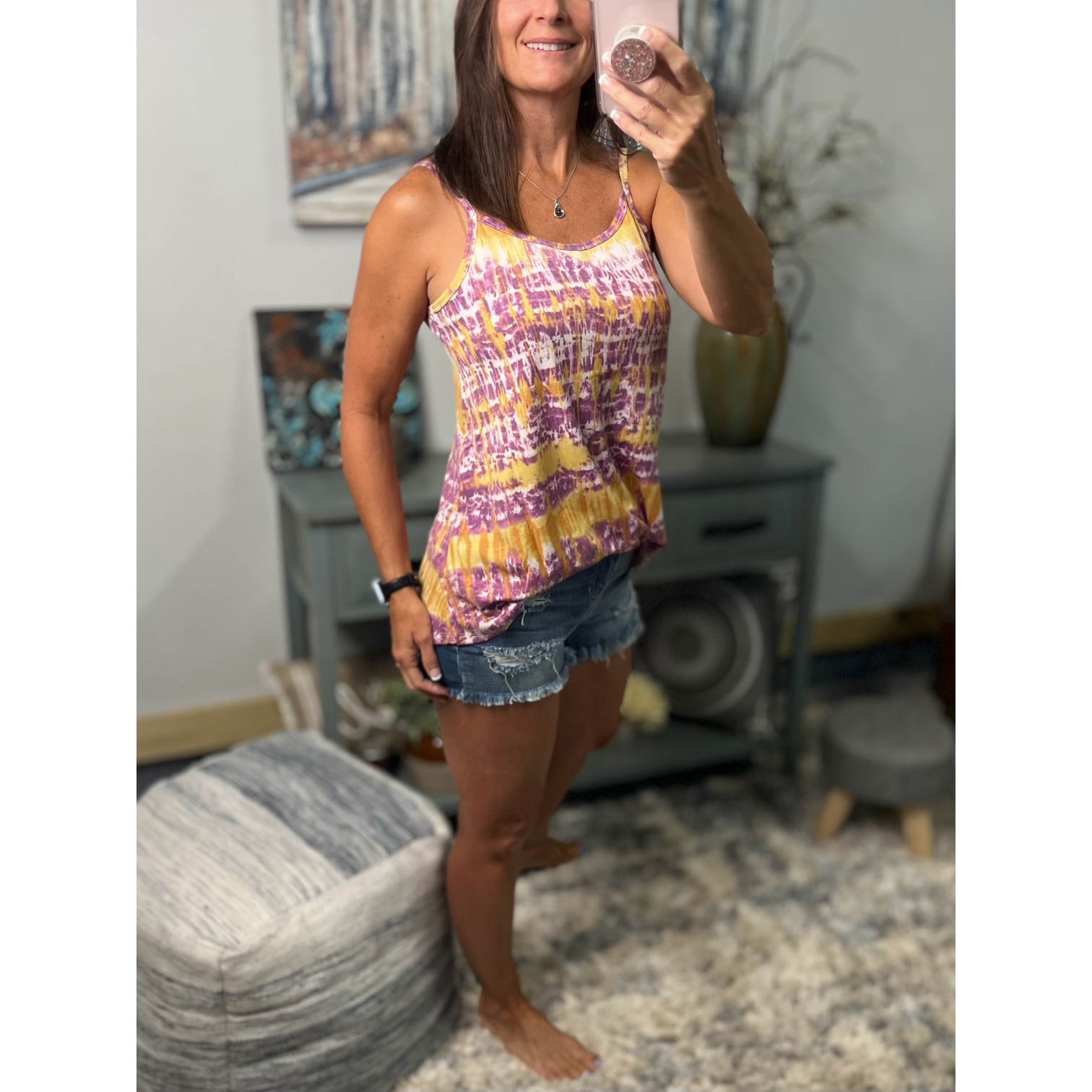 “Heat Wave” Reversible Tie Dye Low Scoop Or V Neck Tank Shirt Top Purple Yellow LSU