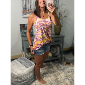 “Heat Wave” Reversible Tie Dye Low Scoop Or V Neck Tank Shirt Top Purple Yellow LSU