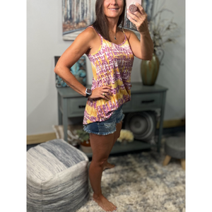 “Heat Wave” Reversible Tie Dye Low Scoop Or V Neck Tank Shirt Top Purple Yellow LSU