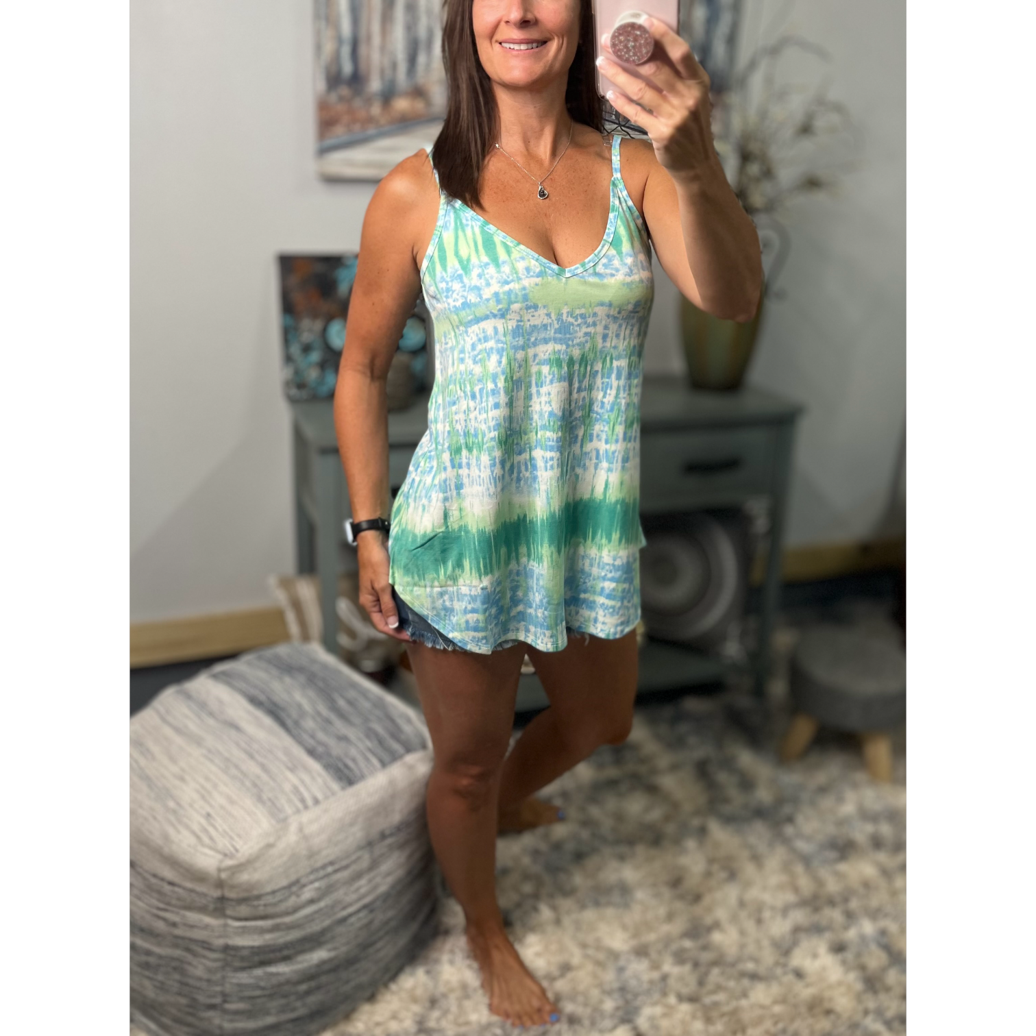“Heat Wave” Reversible Tie Dye Low Scoop V Neck Tank Shirt Summer Retro 70s Blue Green
