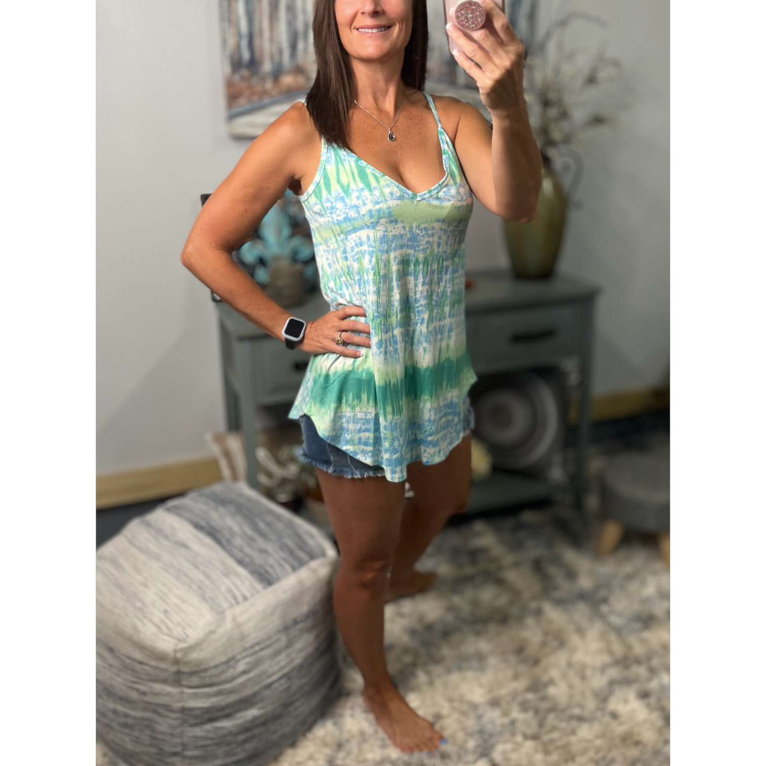“Heat Wave” Reversible Tie Dye Low Scoop V Neck Tank Shirt Summer Retro 70s Blue Green
