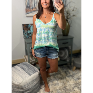 “Heat Wave” Reversible Tie Dye Low Scoop V Neck Tank Shirt Summer Retro 70s Blue Green