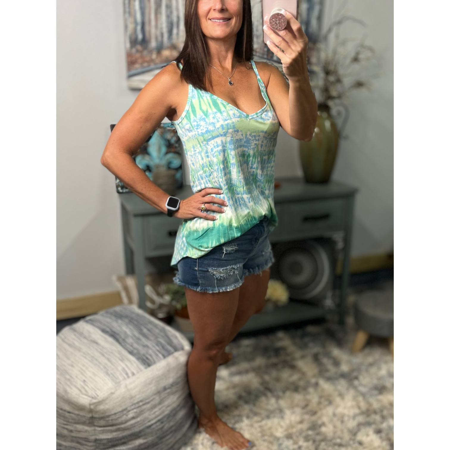 “Heat Wave” Reversible Tie Dye Low Scoop V Neck Tank Shirt Summer Retro 70s Blue Green