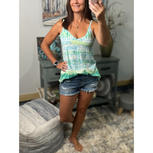 “Heat Wave” Reversible Tie Dye Low Scoop V Neck Tank Shirt Summer Retro 70s Blue Green