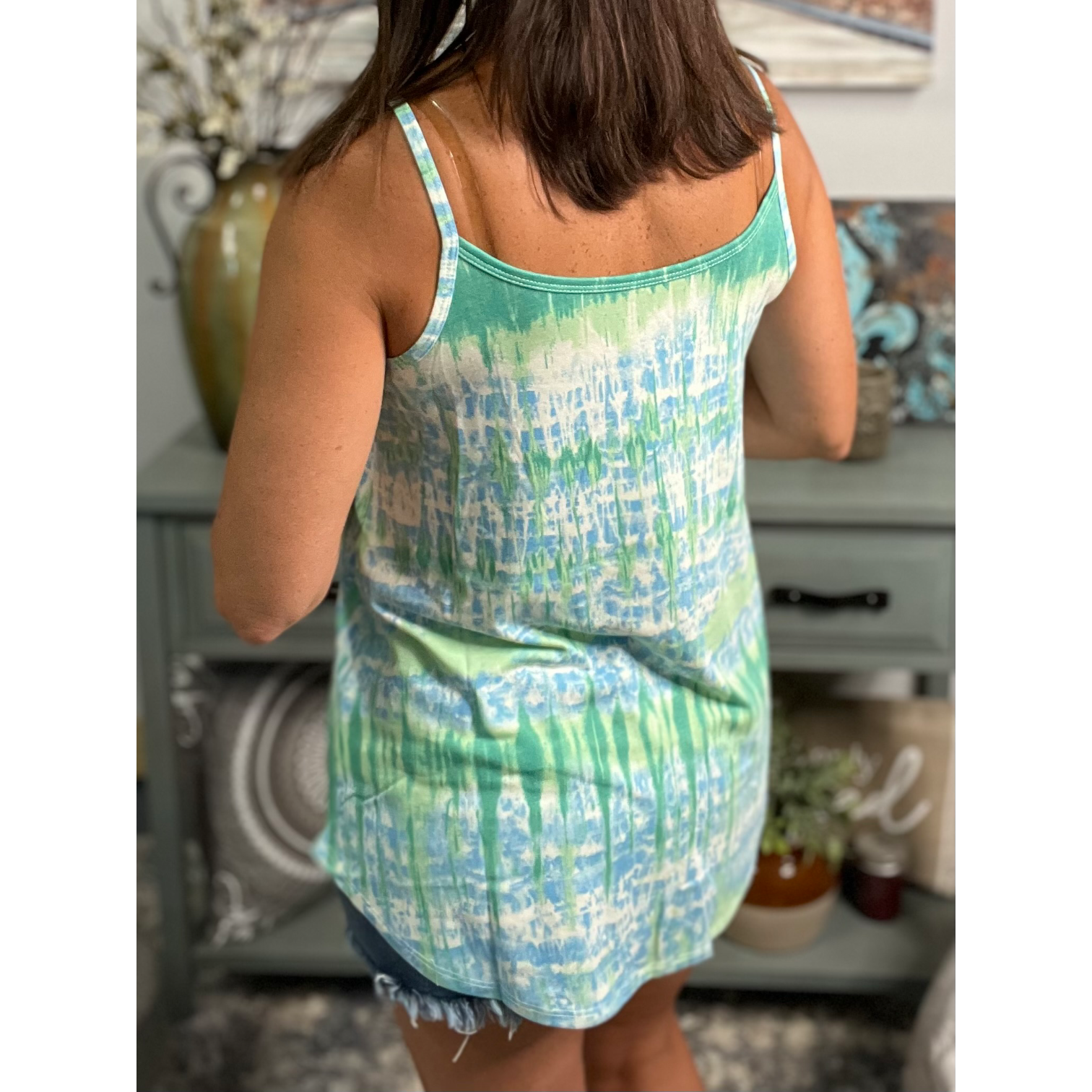 “Heat Wave” Reversible Tie Dye Low Scoop V Neck Tank Shirt Summer Retro 70s Blue Green