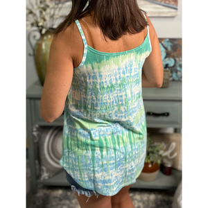 “Heat Wave” Reversible Tie Dye Low Scoop Or V Neck Tank Shirt Top Blue Green