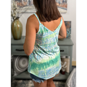 “Heat Wave” Reversible Tie Dye Low Scoop V Neck Tank Shirt Summer Retro 70s Blue Green