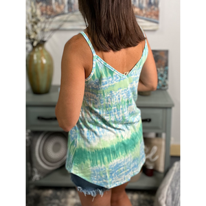 “Heat Wave” Reversible Tie Dye Low Scoop Or V Neck Tank Shirt Top Blue Green