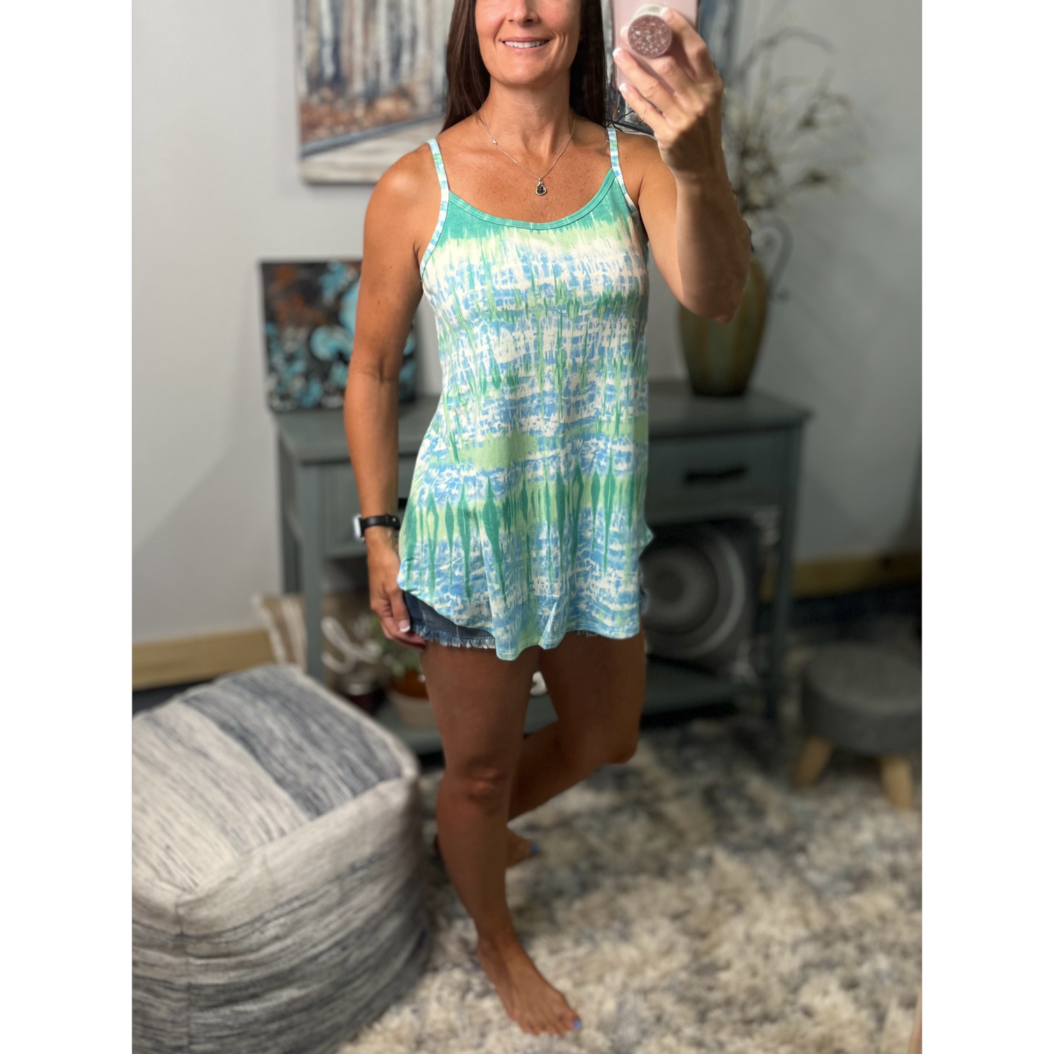 “Heat Wave” Reversible Tie Dye Low Scoop V Neck Tank Shirt Summer Retro 70s Blue Green