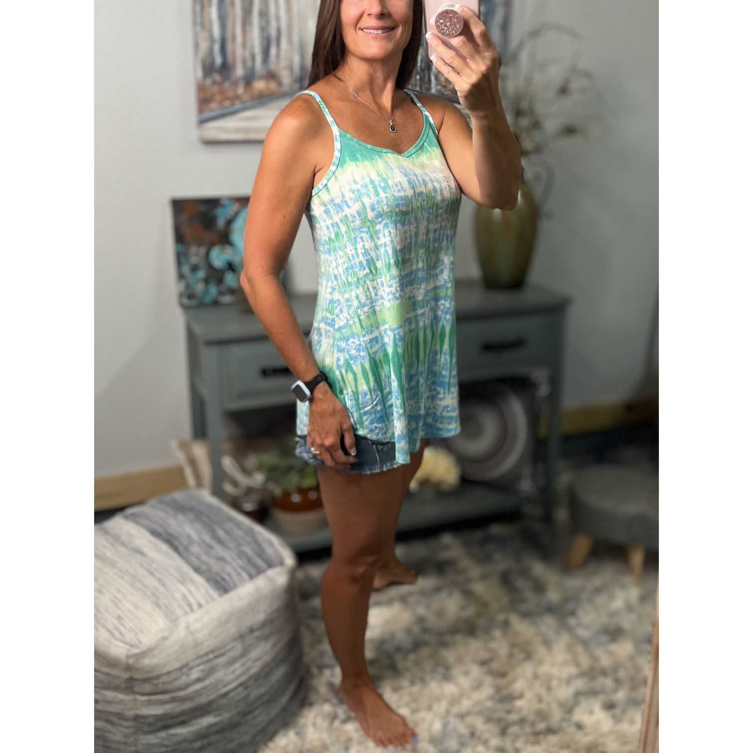 “Heat Wave” Reversible Tie Dye Low Scoop V Neck Tank Shirt Summer Retro 70s Blue Green