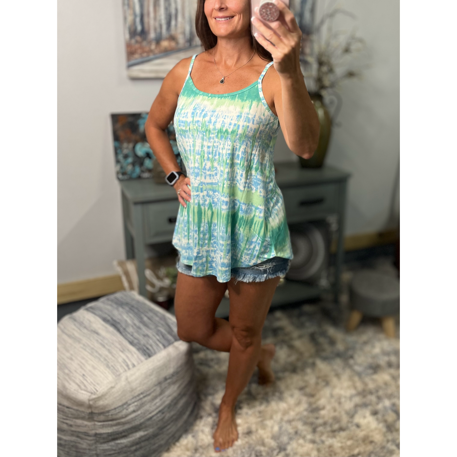 “Heat Wave” Reversible Tie Dye Low Scoop V Neck Tank Shirt Summer Retro 70s Blue Green