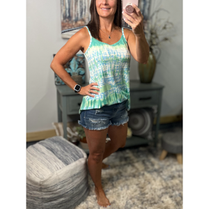 “Heat Wave” Reversible Tie Dye Low Scoop V Neck Tank Shirt Summer Retro 70s Blue Green