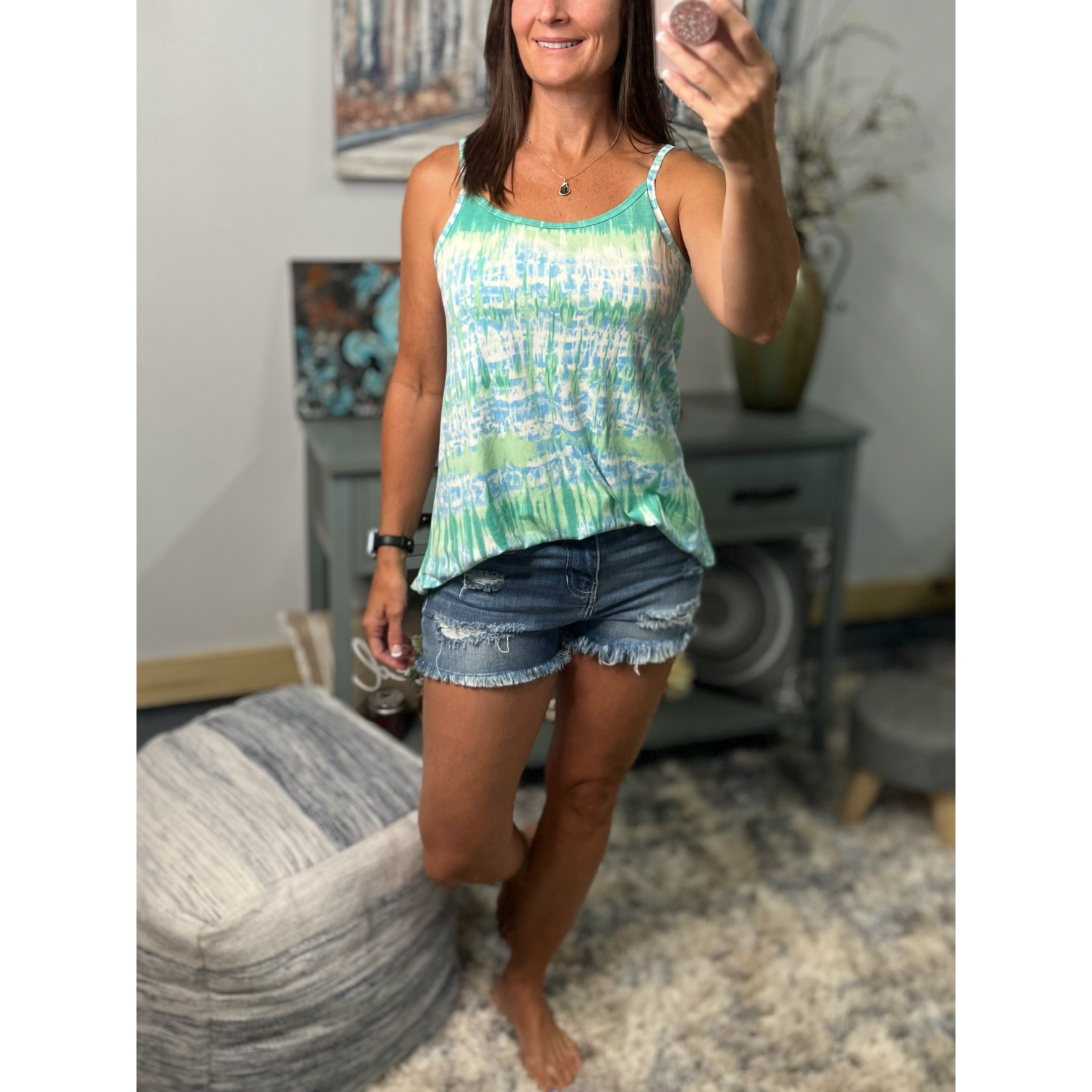 “Heat Wave” Reversible Tie Dye Low Scoop V Neck Tank Shirt Summer Retro 70s Blue Green