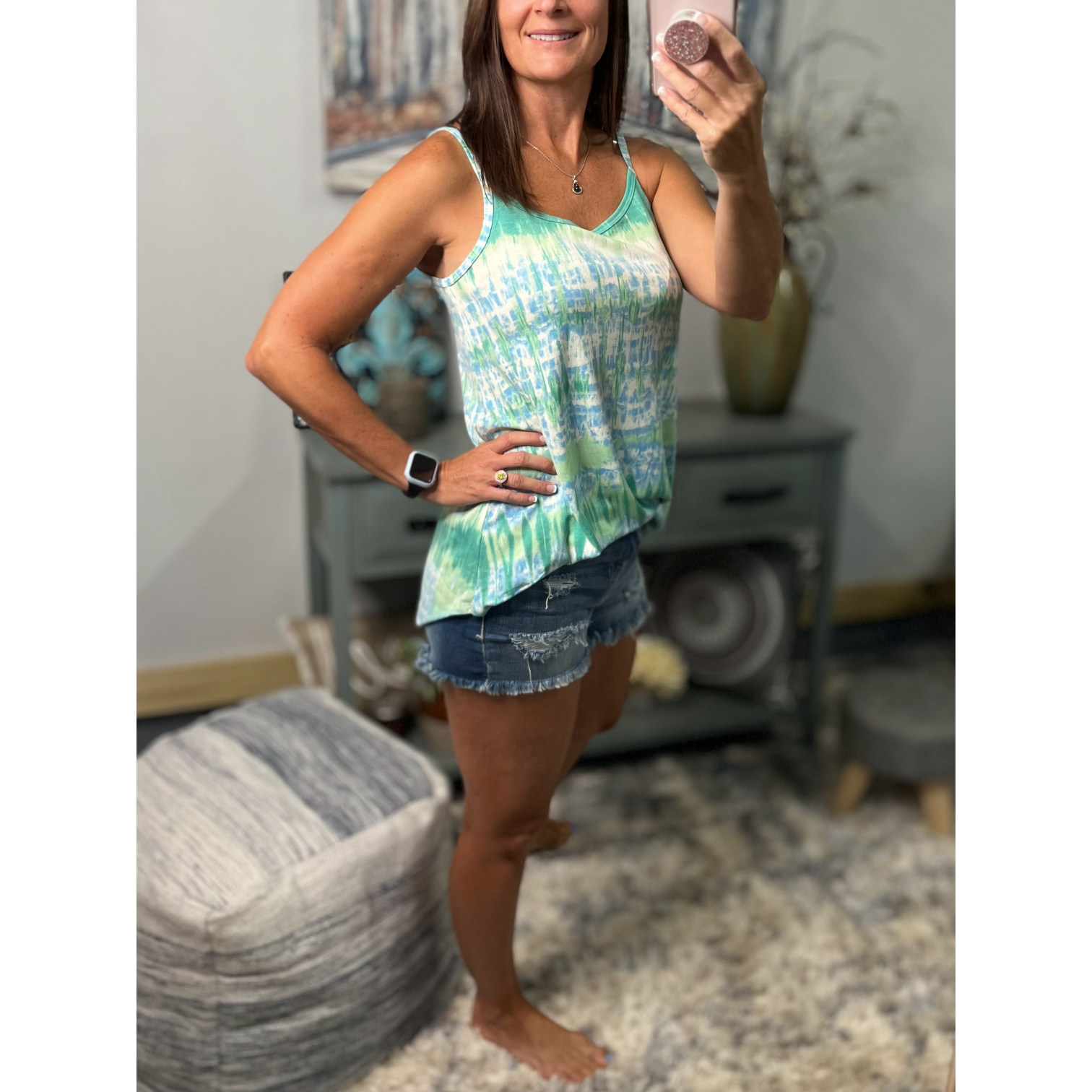 “Heat Wave” Reversible Tie Dye Low Scoop V Neck Tank Shirt Summer Retro 70s Blue Green