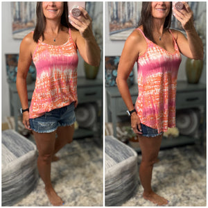 “Heat Wave” Reversible Tie Dye Low Scoop Or V Neck Tank Shirt Top Coral Pink