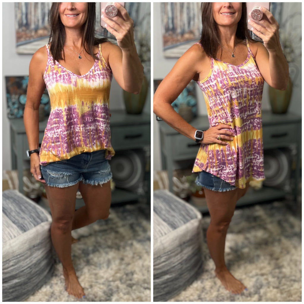 “Heat Wave” Reversible Tie Dye Low Scoop Or V Neck Tank Shirt Top Purple Yellow LSU PLUS