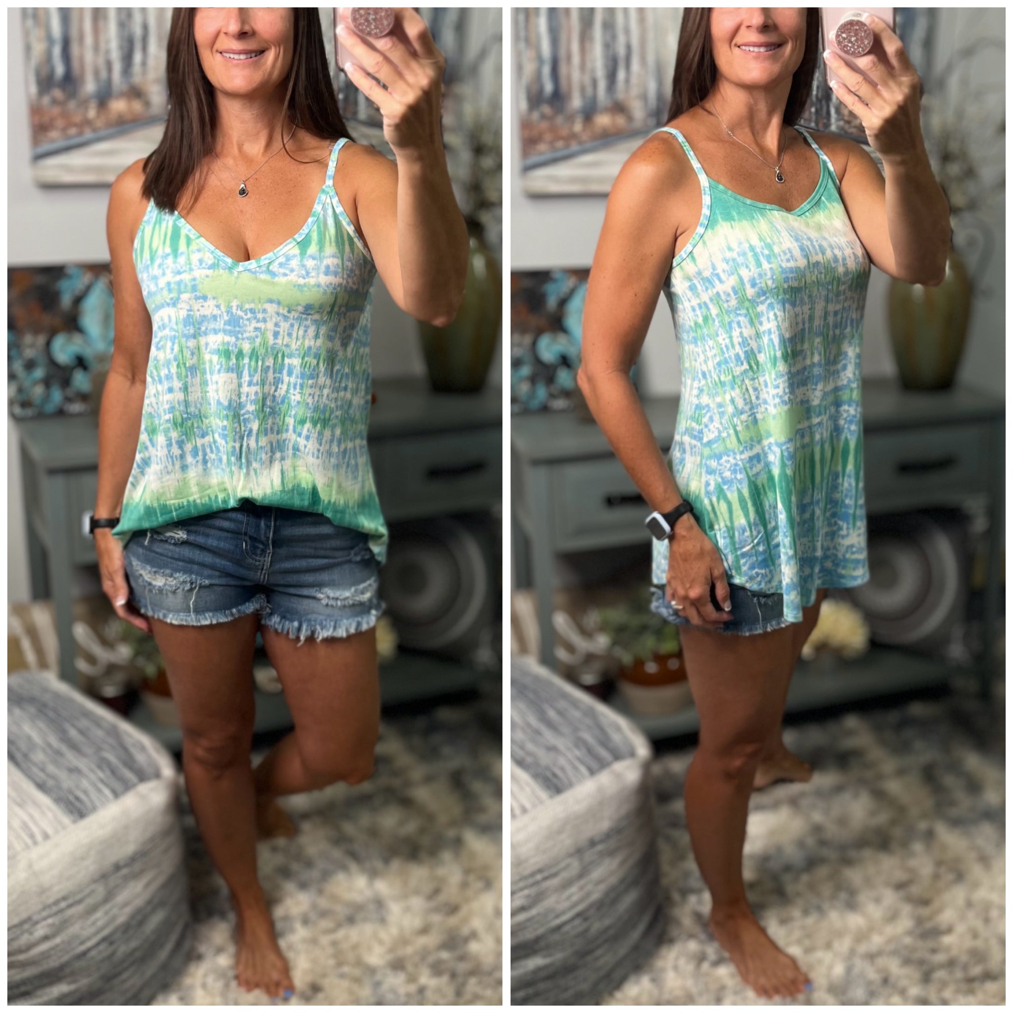 “Heat Wave” Reversible Tie Dye Low Scoop V Neck Tank Shirt Summer Retro 70s Blue Green
