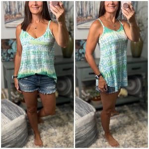 “Heat Wave” Reversible Tie Dye Low Scoop V Neck Tank Shirt Summer Retro 70s Blue Green