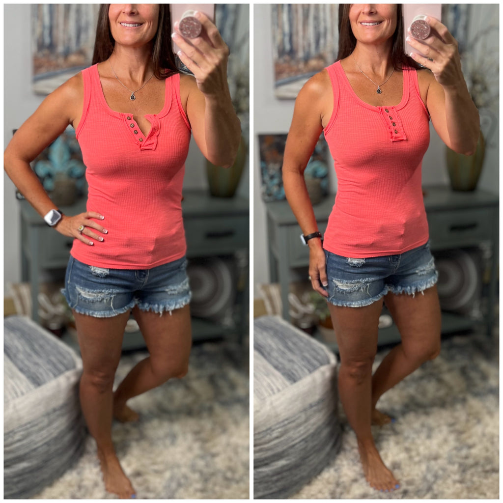 “Shine On” Ribbed Henley Button Low Cut Boy Beater Cleavage Fitted Tank Top Deep Coral
