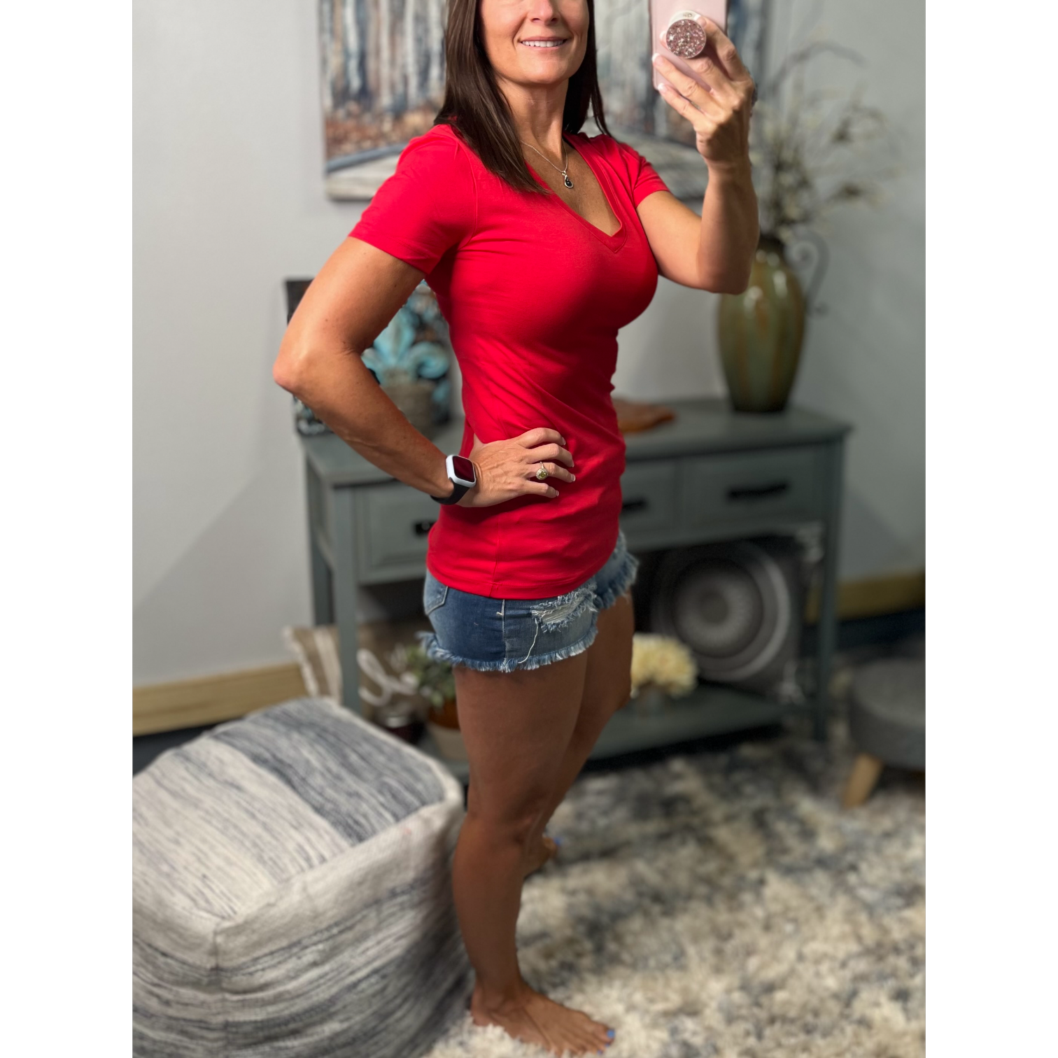 "Basic Babe" Low Cut V Neck Cleavage Baby Slimming Basic Tee Shirt Ruby Red