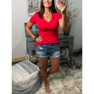 "Basic Babe" Low Cut V Neck Cleavage Baby Slimming Basic Tee Shirt Ruby Red