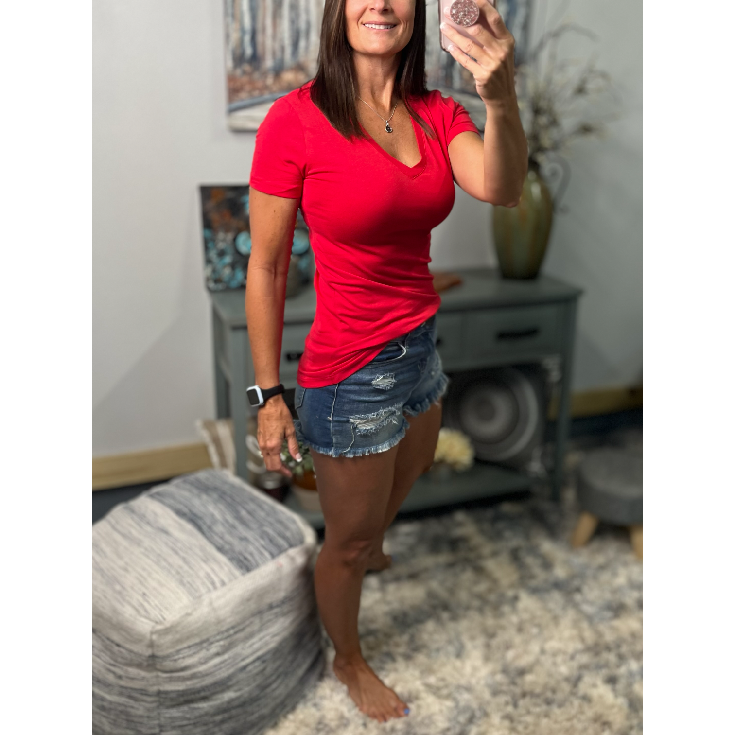 "Basic Babe" Low Cut V Neck Cleavage Baby Slimming Basic Tee Shirt Ruby Red